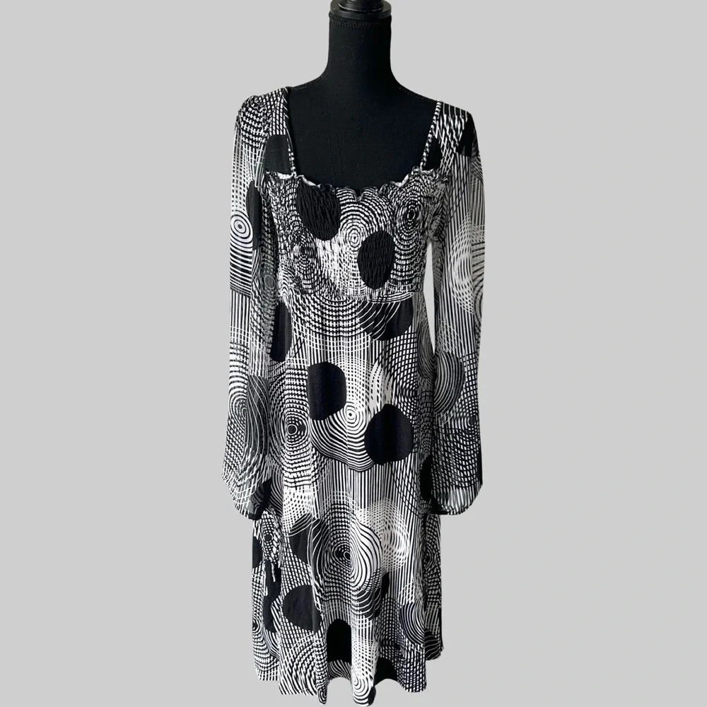 Nicole Benisti Polka Dots Sheer Sleeve Cutout Back  Stretch Dress